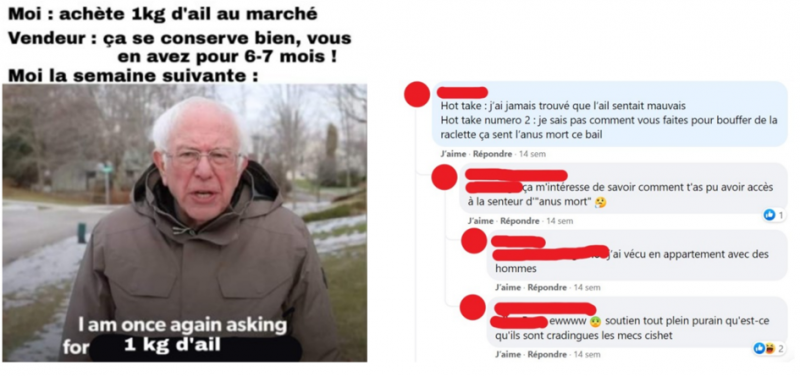 Figure 2. À gauche, un mème publié sur Neurchi de Memes de Meuf. À droite, un échange de commentaires réagissant à ce mème, et se moquant des hommes alors qu’il n’en était pas question dans le mème.