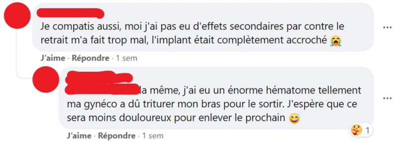 Figure 3. Échange de commentaires dans lequel deux membres du neurchi partagent leur expérience sur le retrait d’un implant contraceptif, dans l’espace commentaire d’un mème parlant des effets secondaires de ce type d’implant.